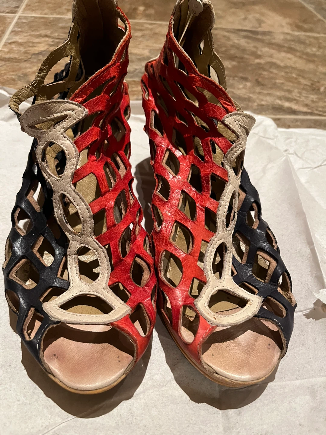 Wedge Heel Sandals - Red, Black, Cream - Size 9 - photo 2