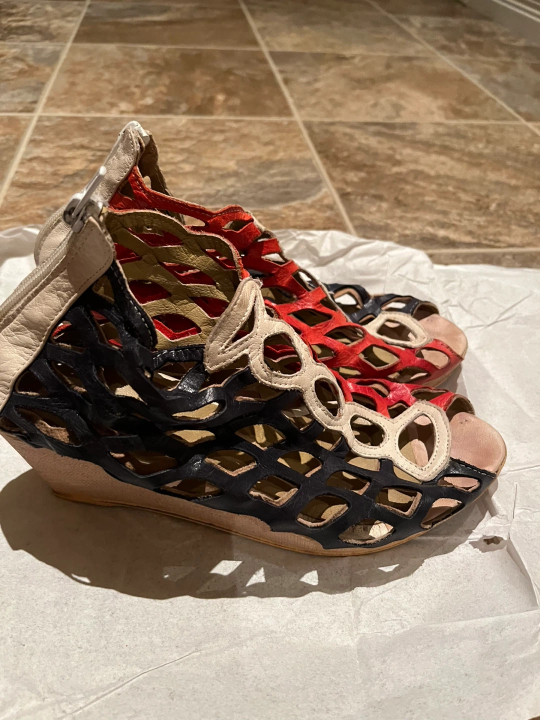 Wedge Heel Sandals - Red, Black, Cream - Size 9