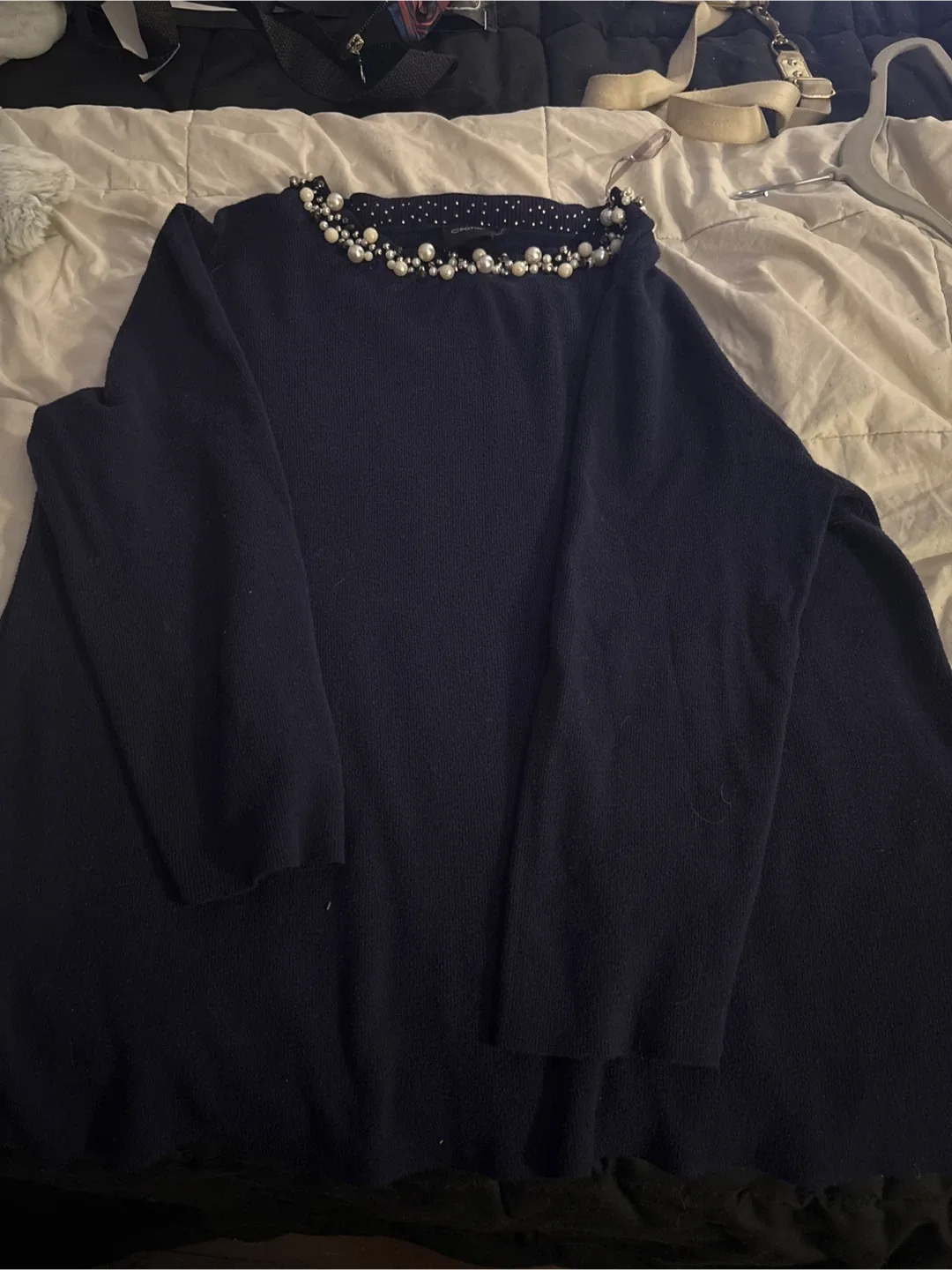 Cliche' XL Navy Blue Pearl Embellished Sweater