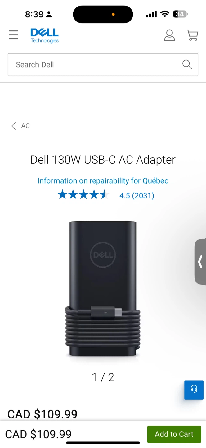 Brand new Dell Laptop Charger 130W USB-C AC Adapter