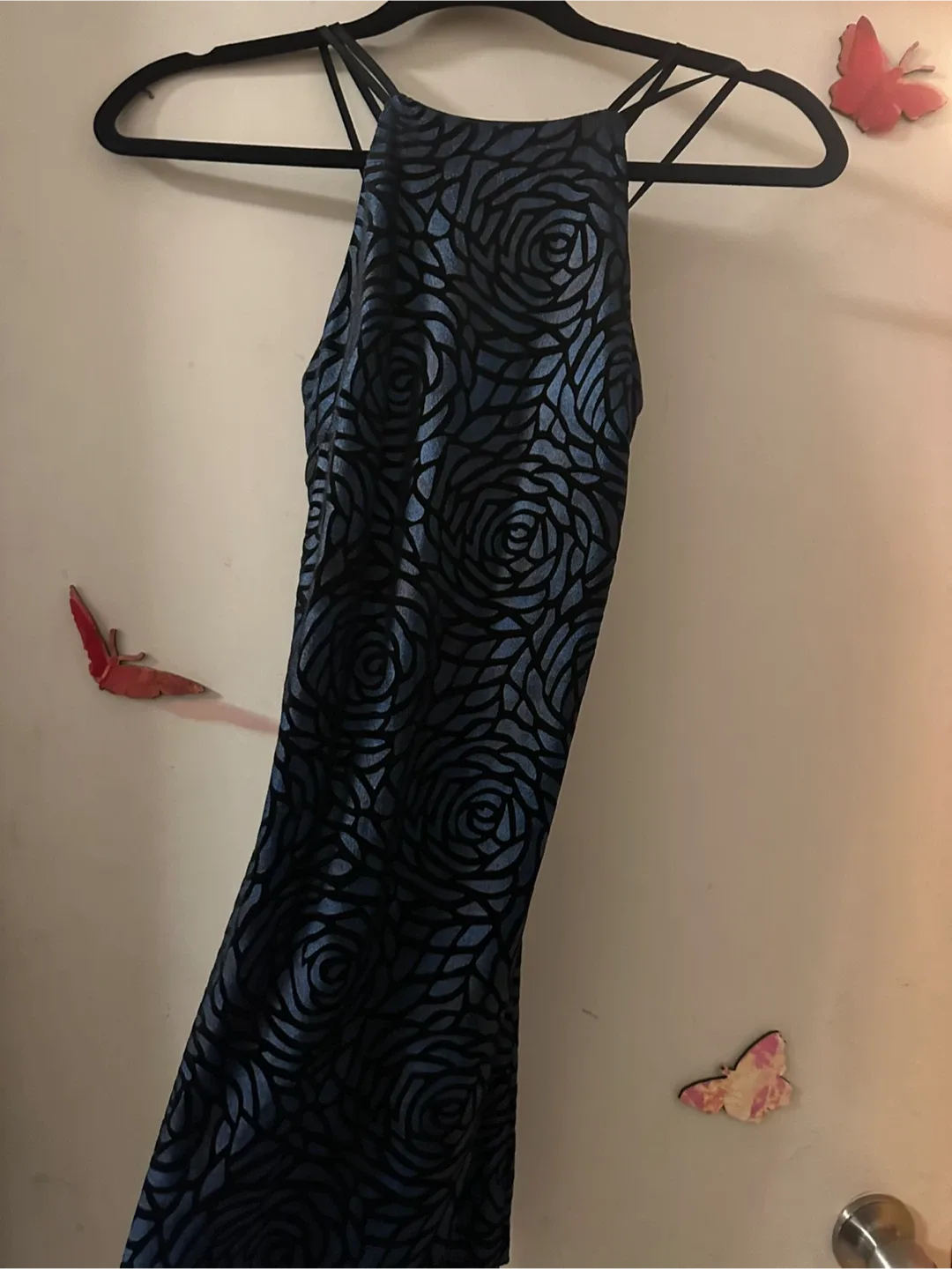 Blue & Black Rose Patterned Velvet Dress