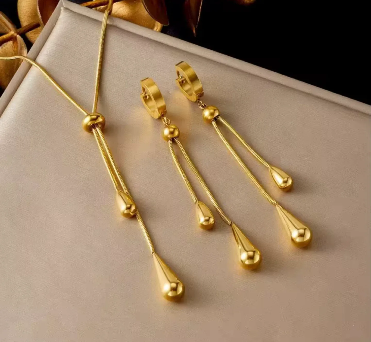 Gold Dangle Necklace & Earrings Set image indicator(2)