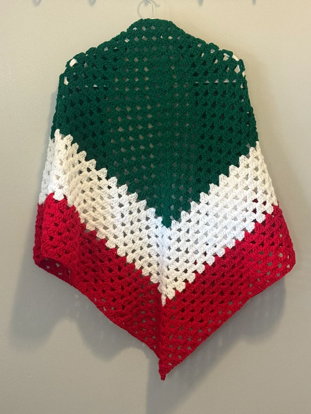 Handmade Crochet Shawl - Green, White, Red image indicator(2)