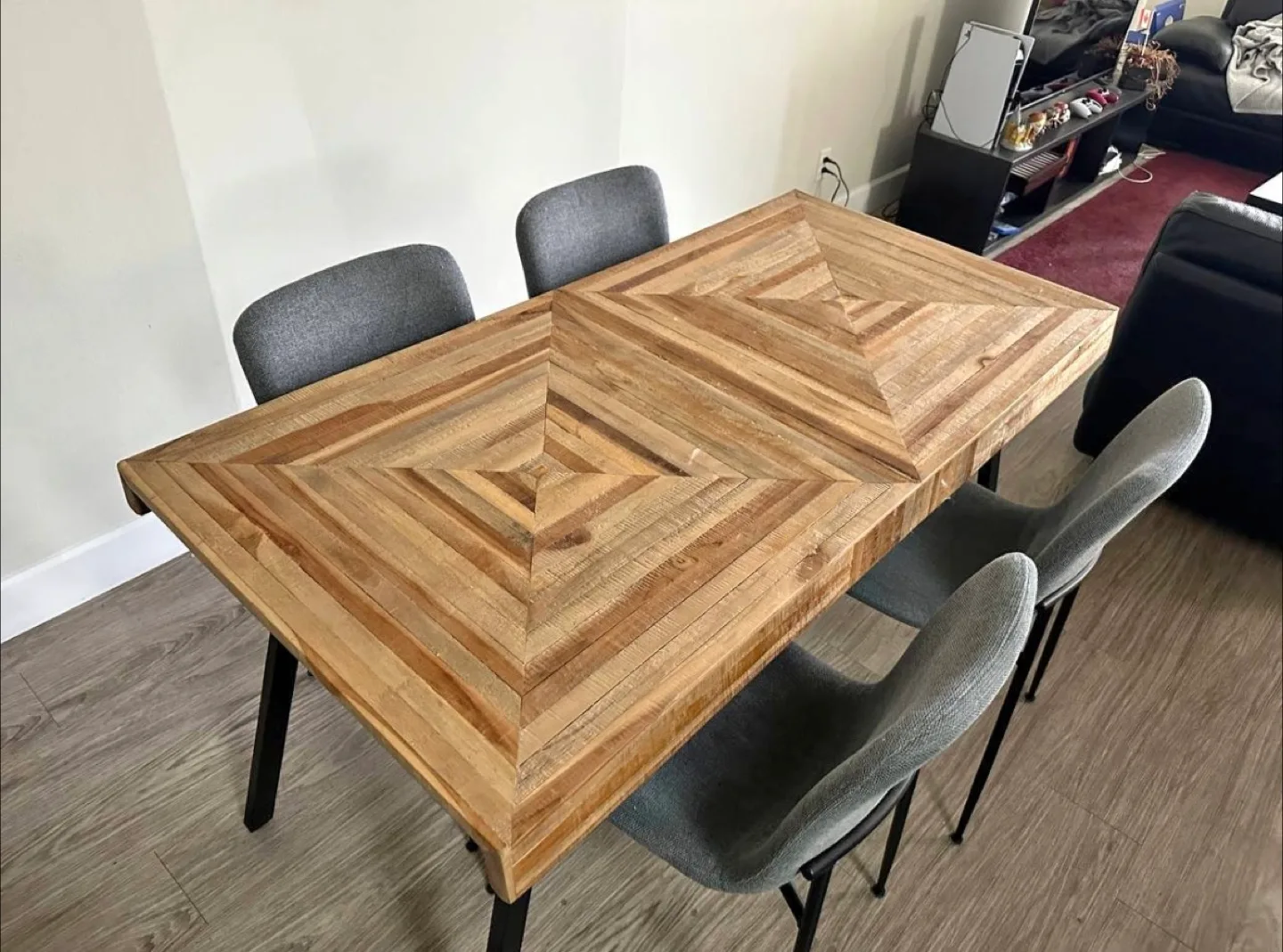 Can deliver—Beautiful recycled teak table and 4 grey chairs.