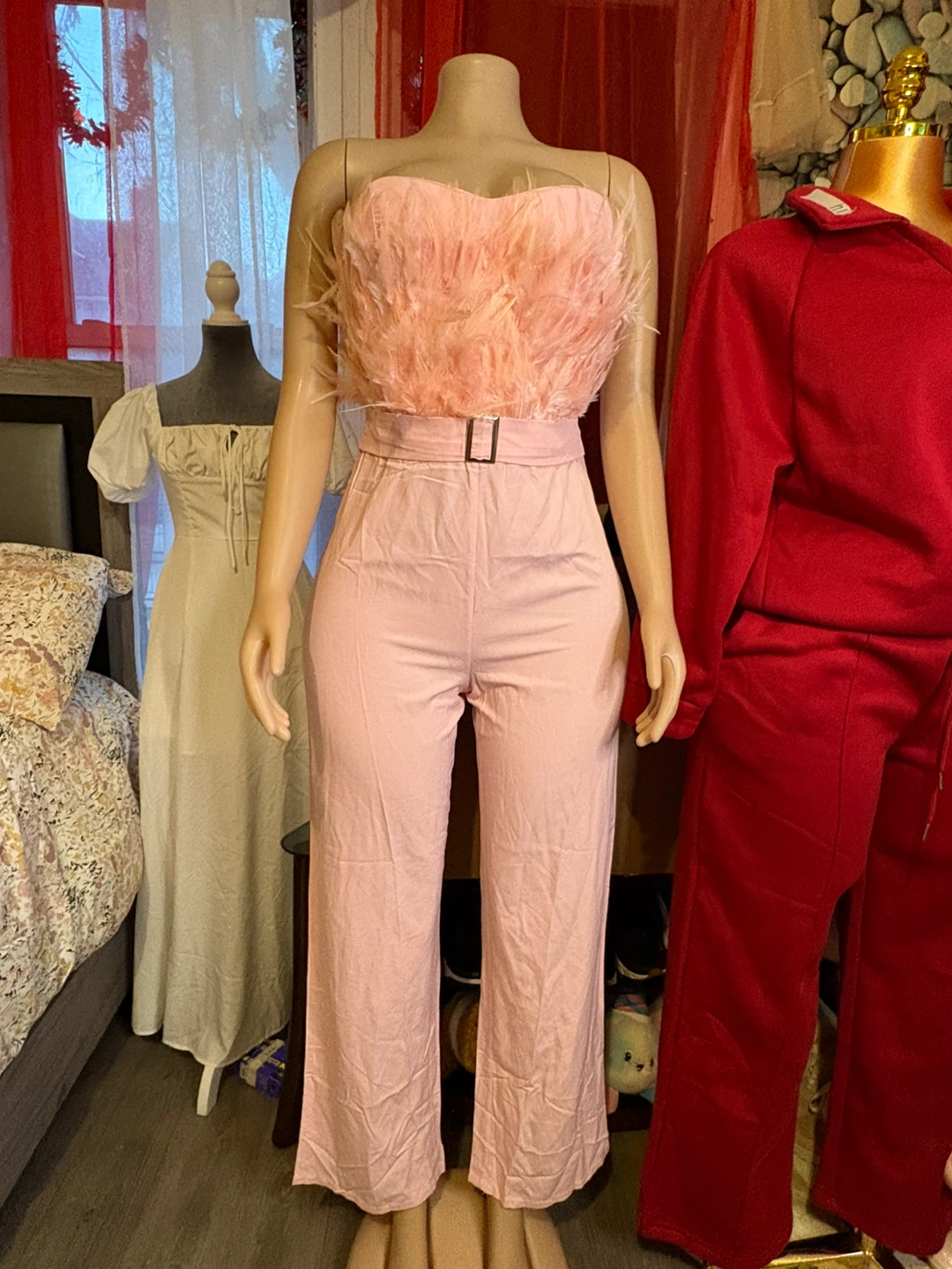 Pink Feather Top & High-Waisted Pants Set