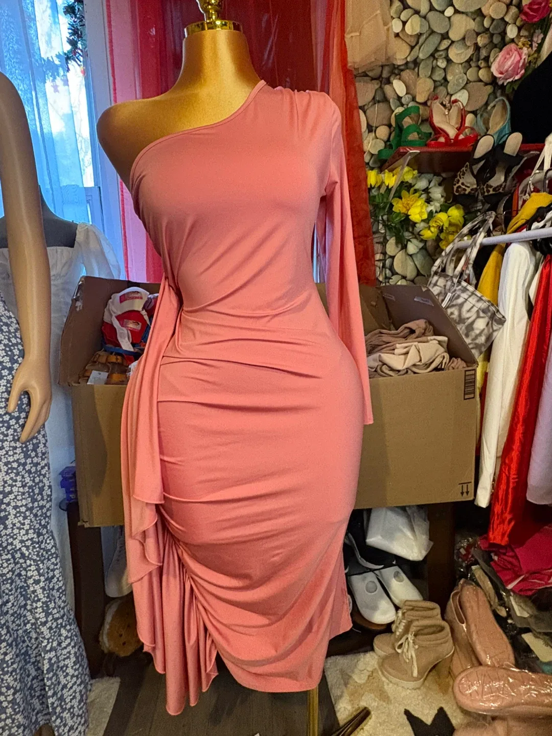 Pink One-Shoulder Ruched Dress thumbnail