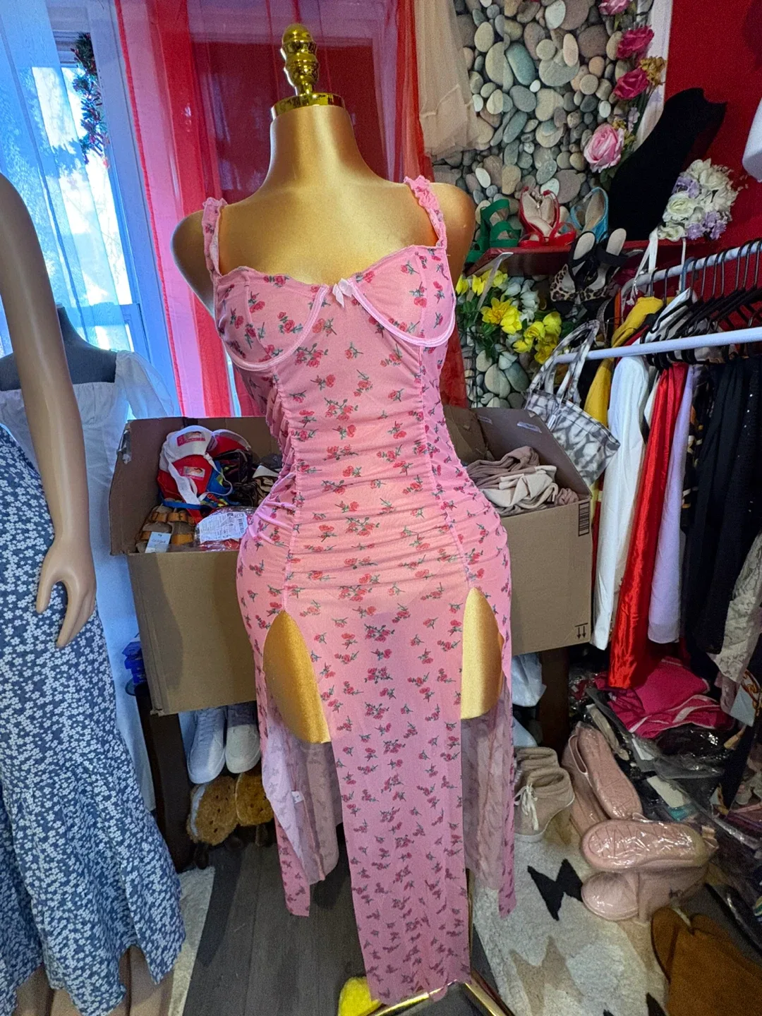 Pink Floral Ruched Slit Dress thumbnail