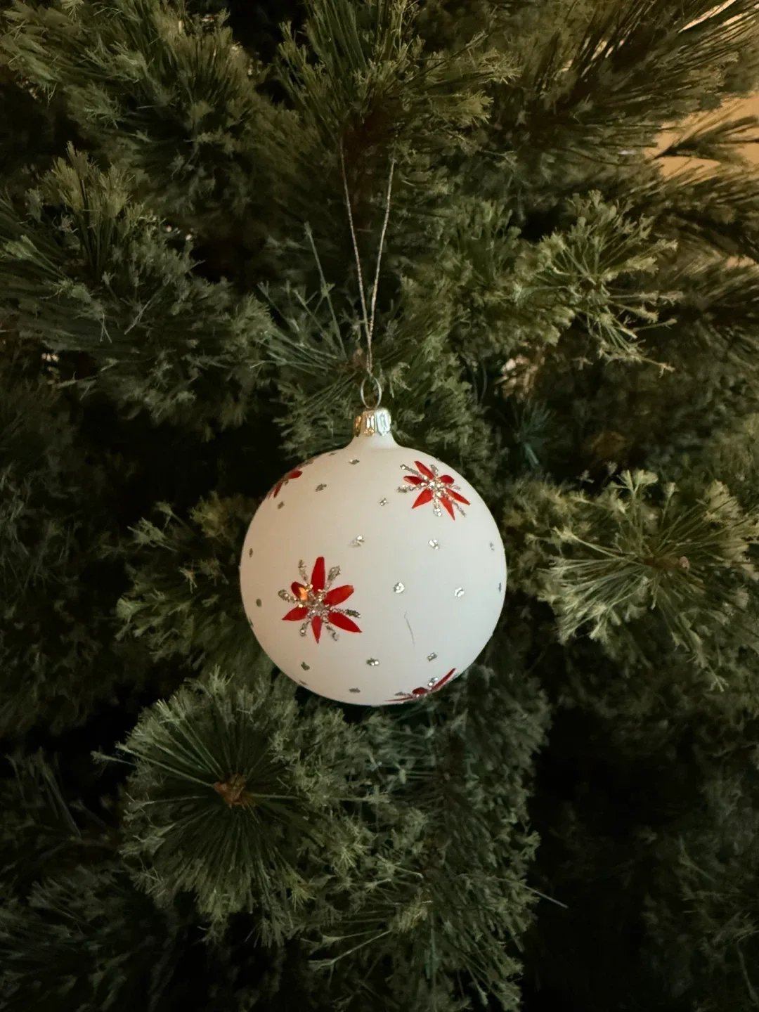 German Glass Ornament w/ Red + Silver