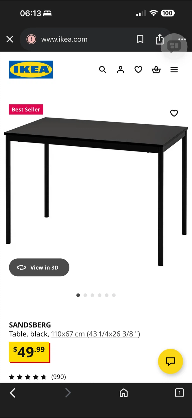 IKEA Sandsberg Table, Black, 110x67 cm