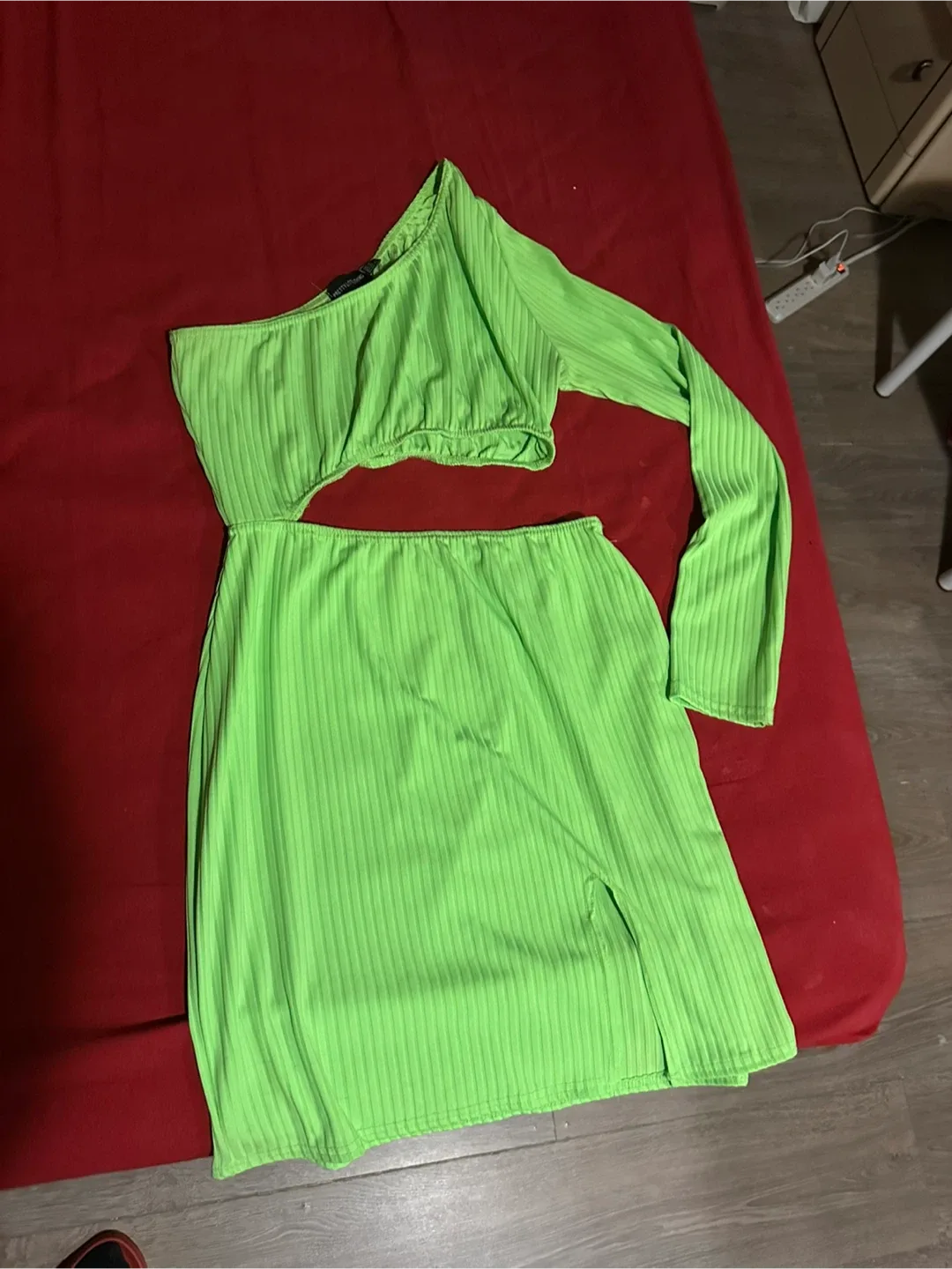 PrettyLittleThing Green Ribbed Skirt Set