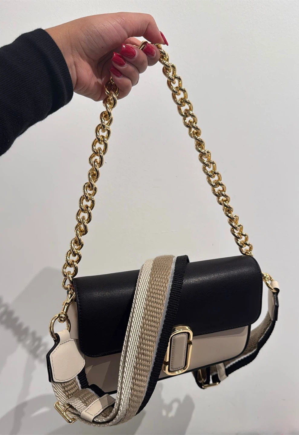 Marc Jacobs Black & Beige Shoulder Bag with Gold Chain
