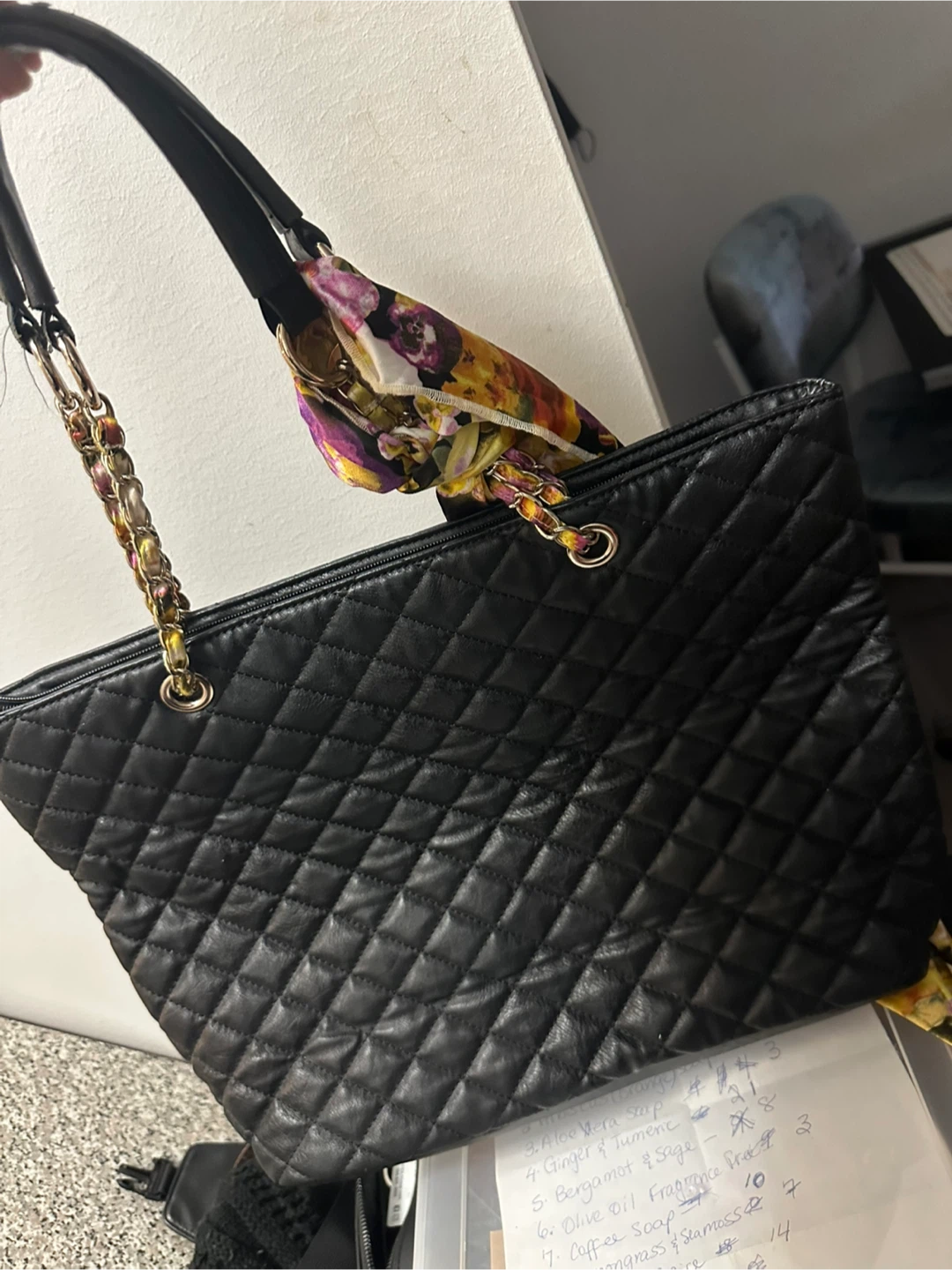 Black Quilted Tote Bag with Floral Scarf