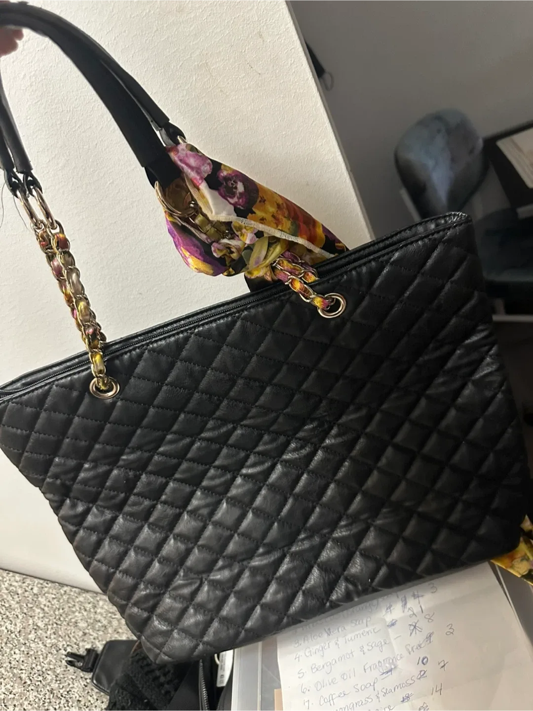 Black Quilted Tote Bag with Floral Scarf