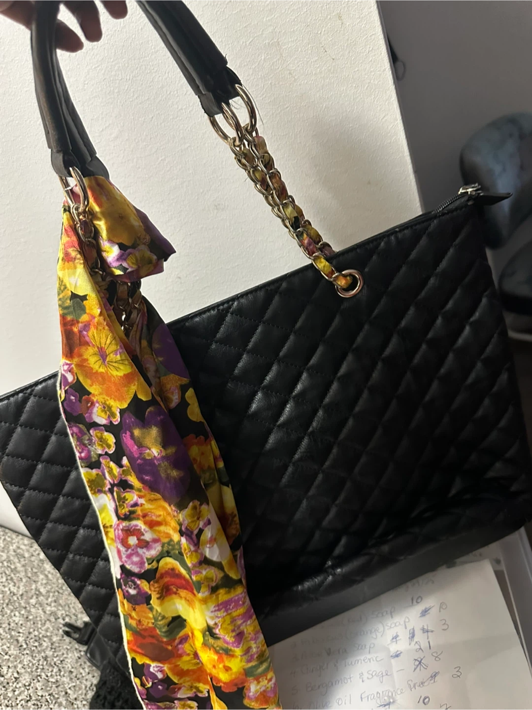 Black Quilted Tote Bag with Floral Scarf - photo 2