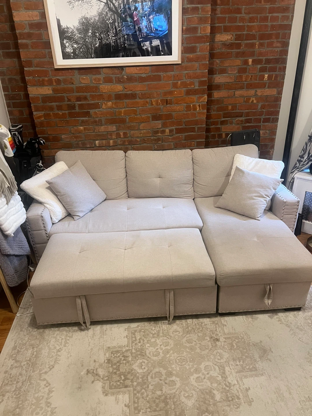 Small Beige Sectional Sofa with Pullout Sleeper - photo 2