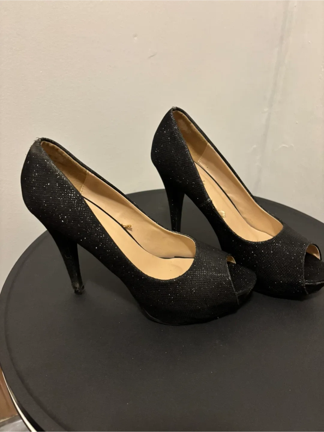Wet Seal Black Glitter Peep Toe Heels - Size 10 image indicator(2)