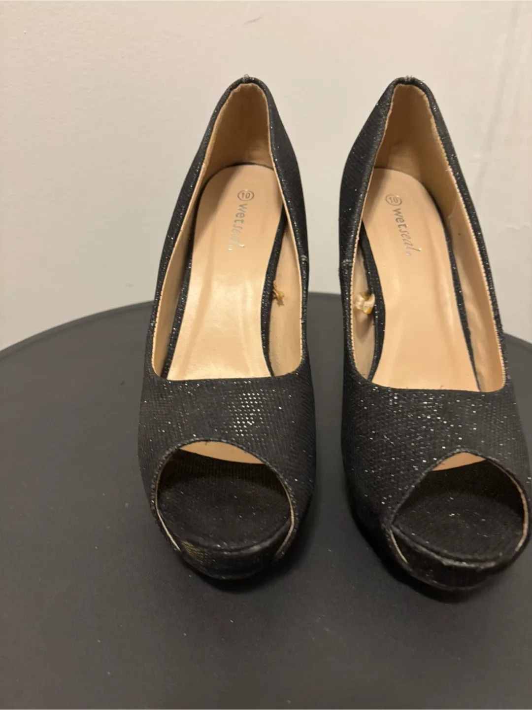 Wet Seal Black Glitter Peep Toe Heels - Size 10