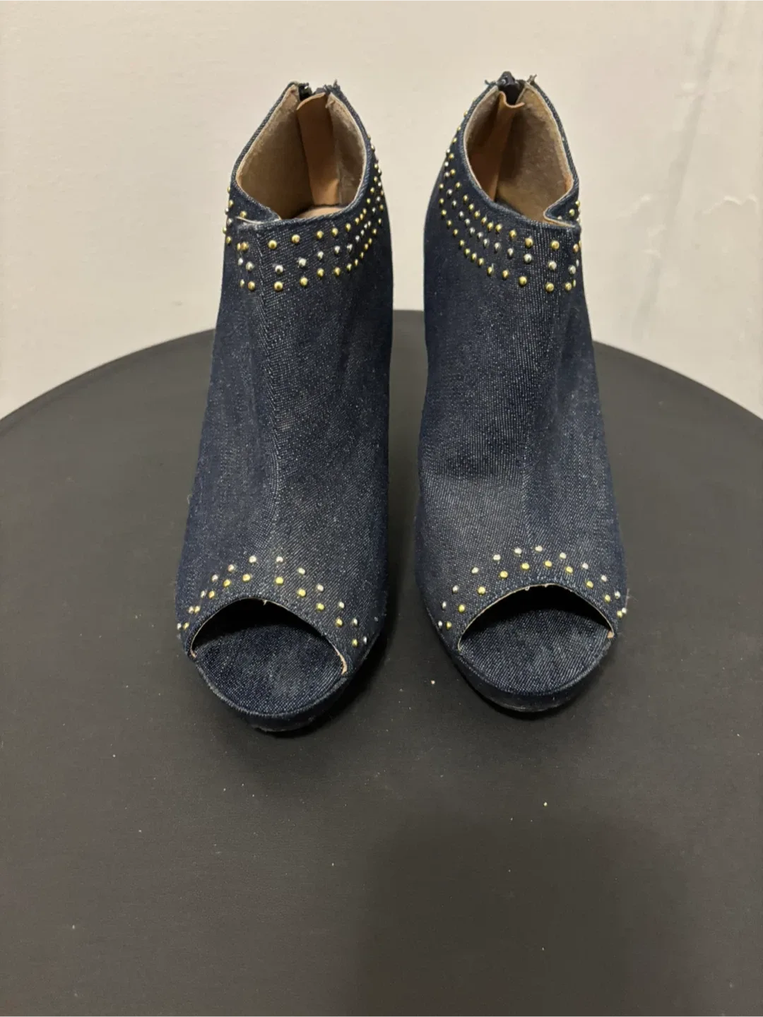 Denim Peep-Toe Booties, Size 10