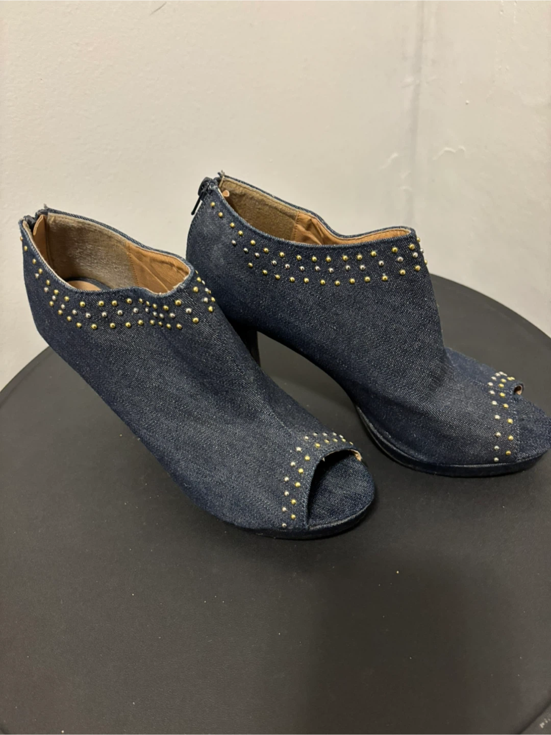 Denim Peep-Toe Booties, Size 10 - photo 2