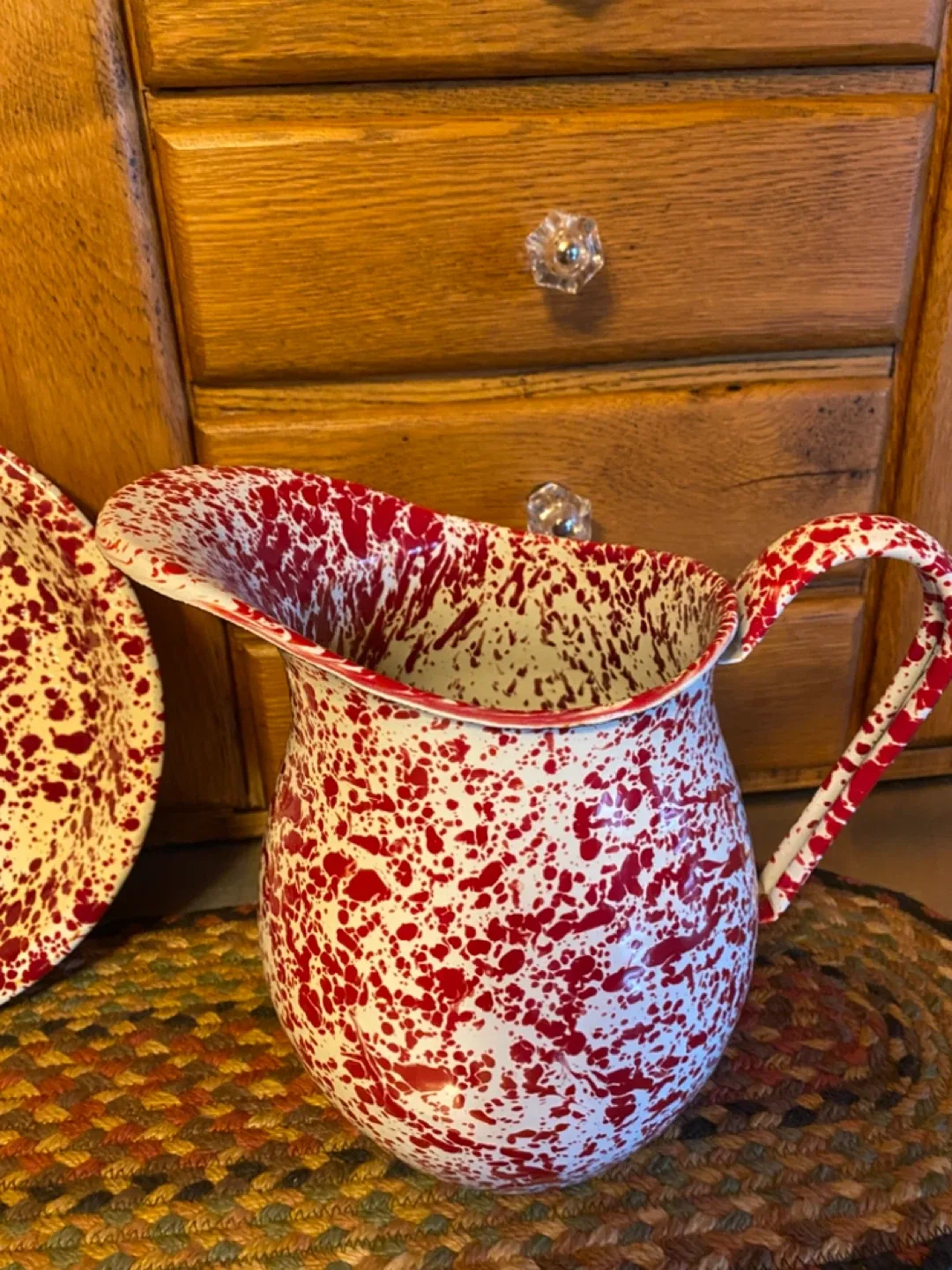 Red & White Splatterware Pitcher and Plate image indicator(3)