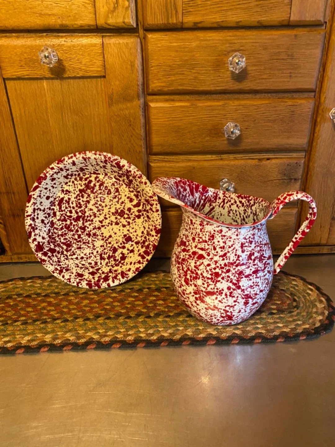 Red & White Splatterware Pitcher and Plate image indicator(6)