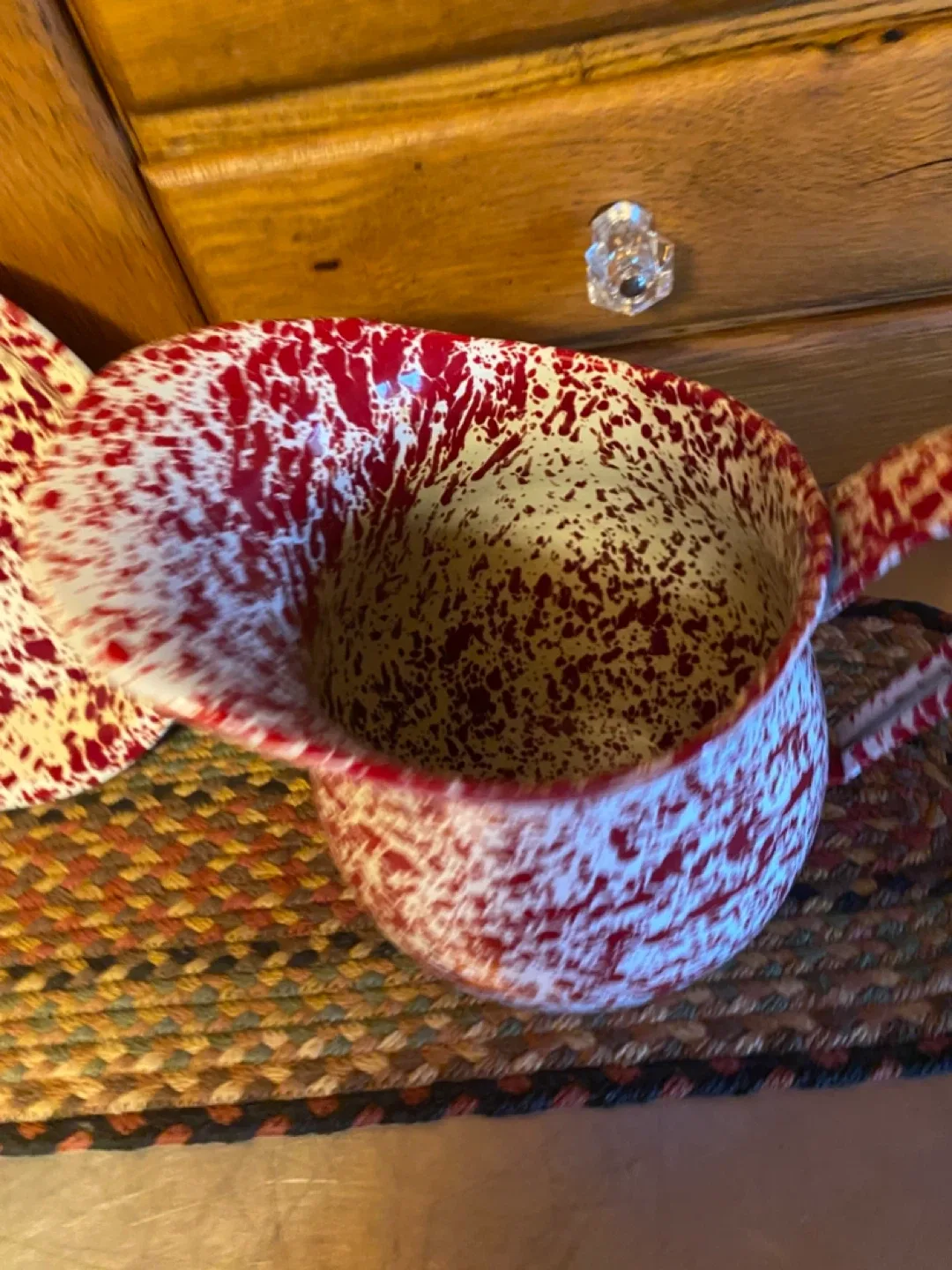 Red & White Splatterware Pitcher and Plate image indicator(2)