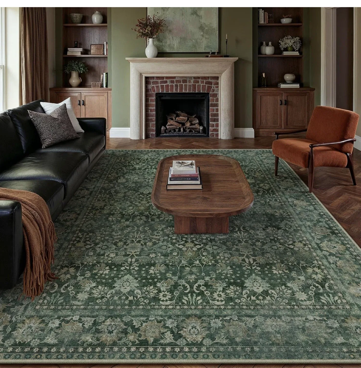 Green Area Rug with Floral Pattern 8x10 ft