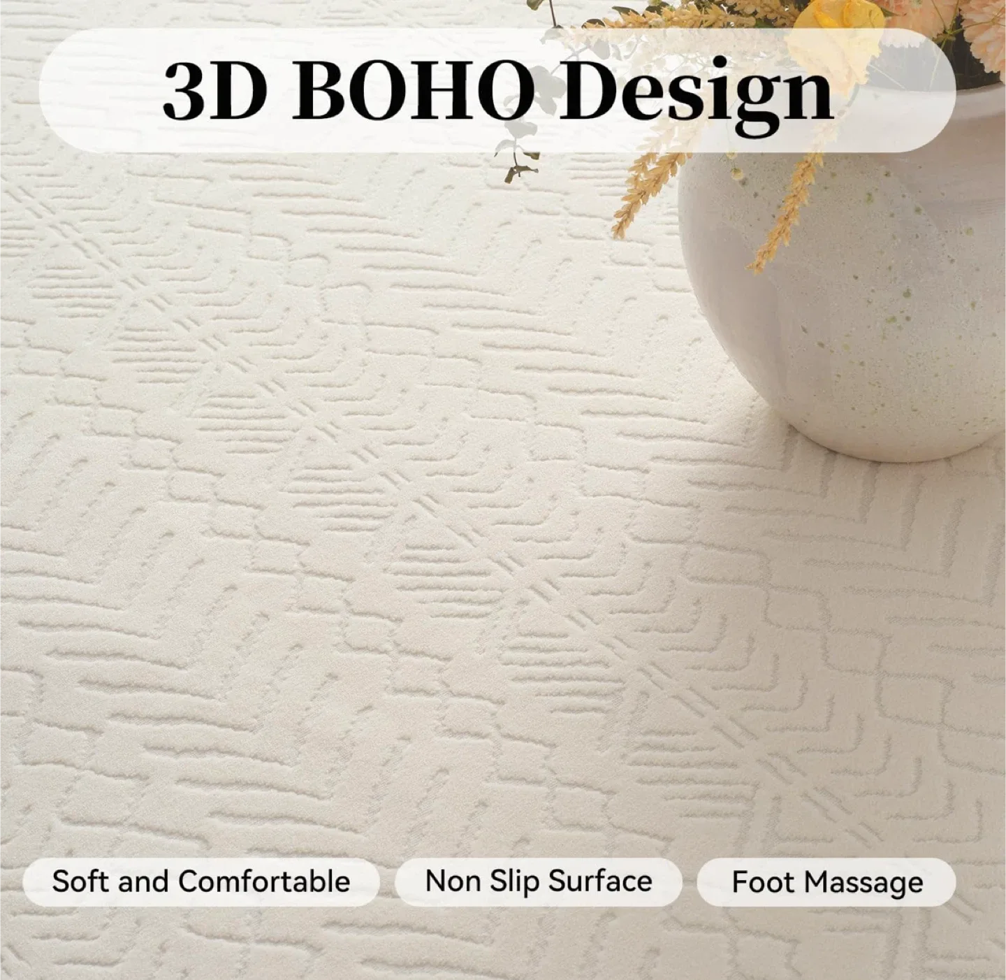 Ivory Area Rug 8x10 ft - Boho 3D Design