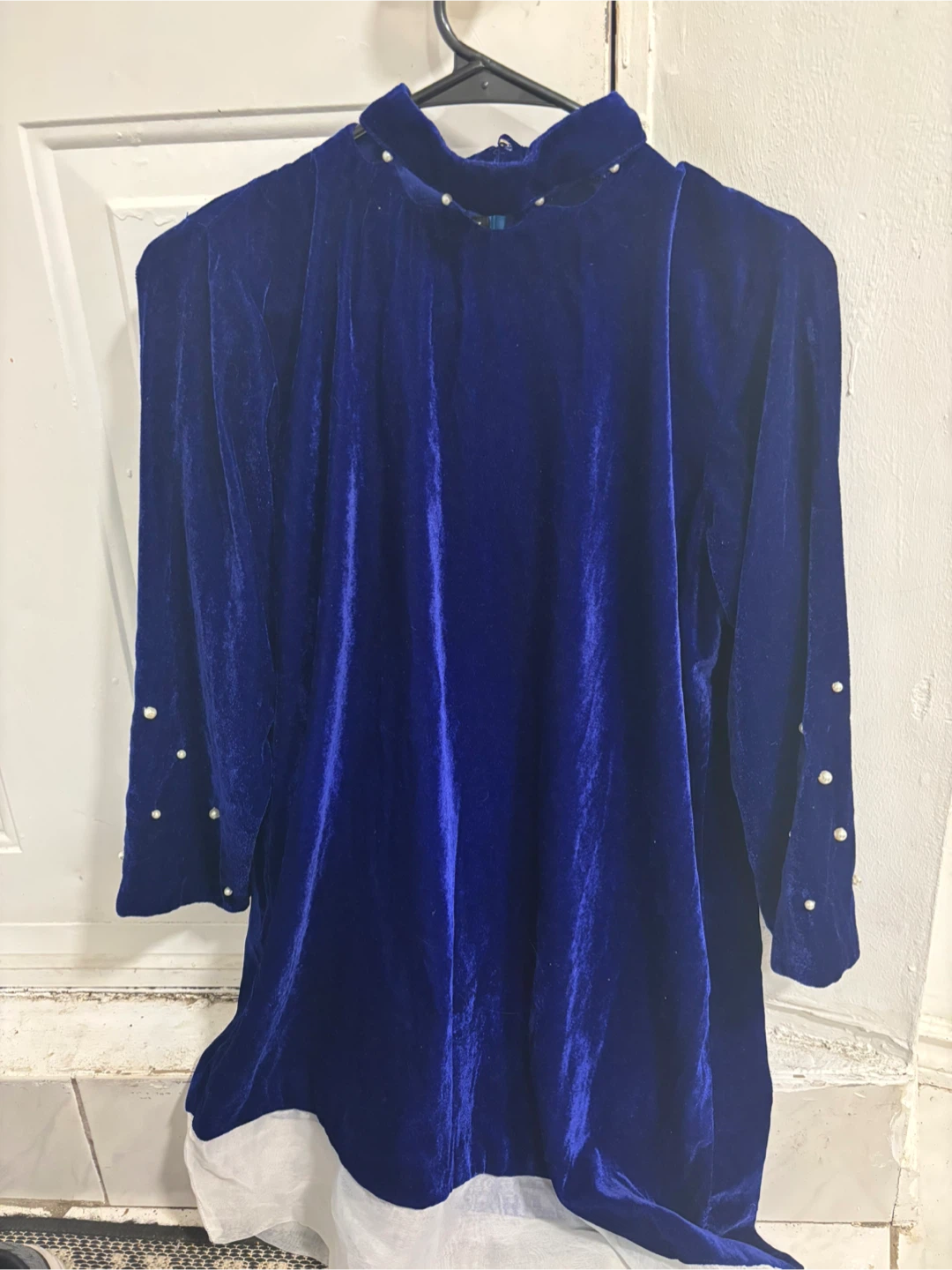 Blue Velvet Dress with Pearl Detail