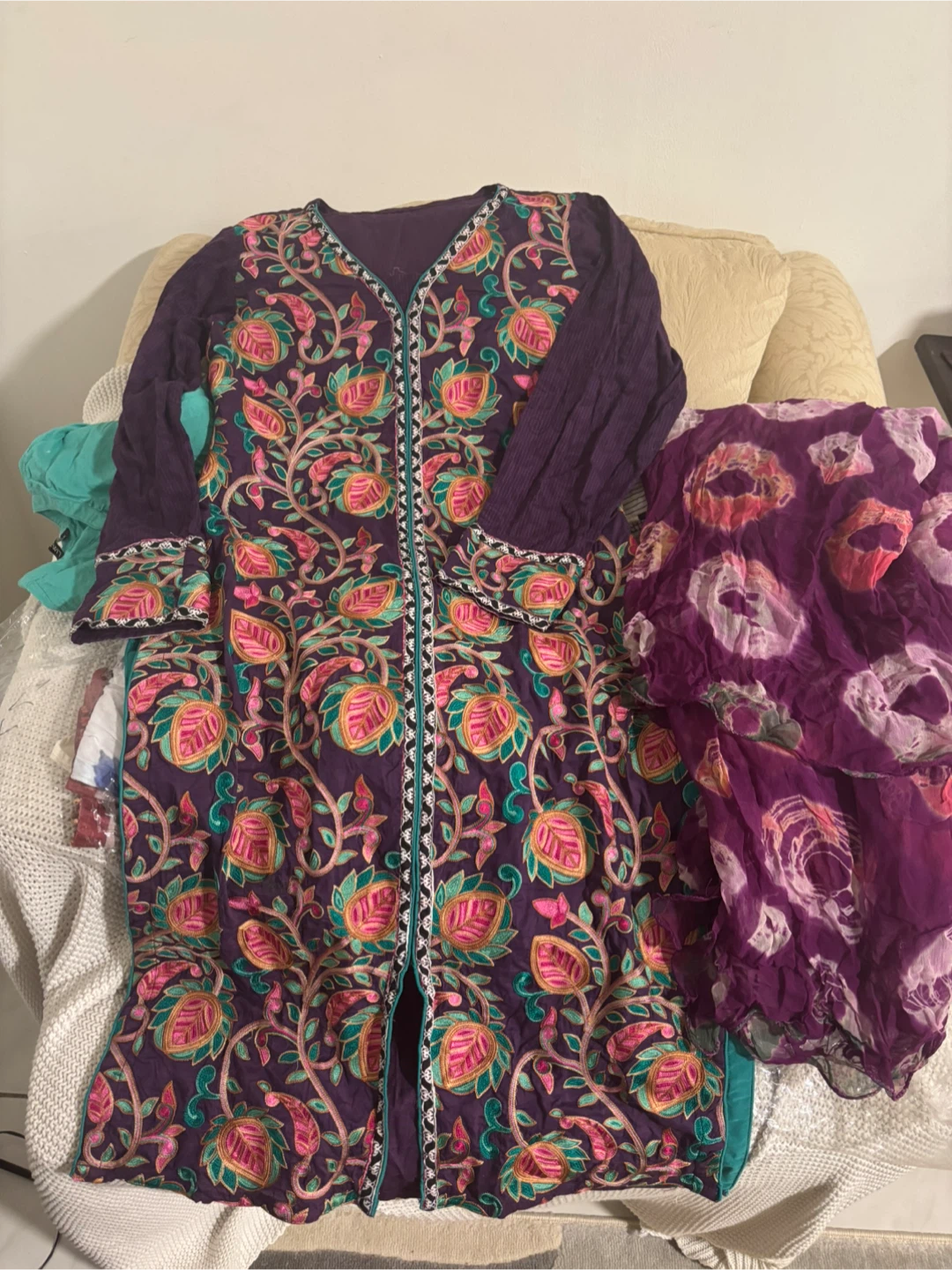 Embroidered Purple Kurti & Dupatta Set