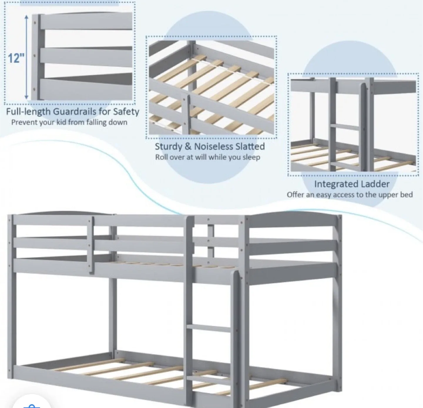 Grey Wooden Bunk Bed with Ladder image indicator(2)