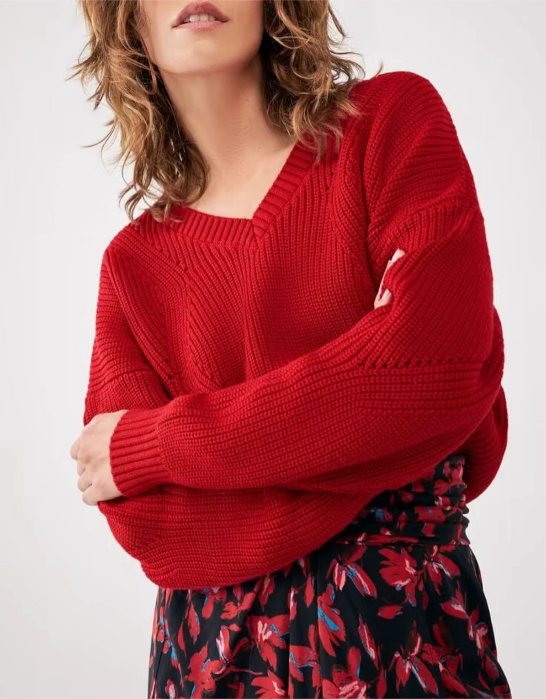 Red V-Neck Knit Sweater