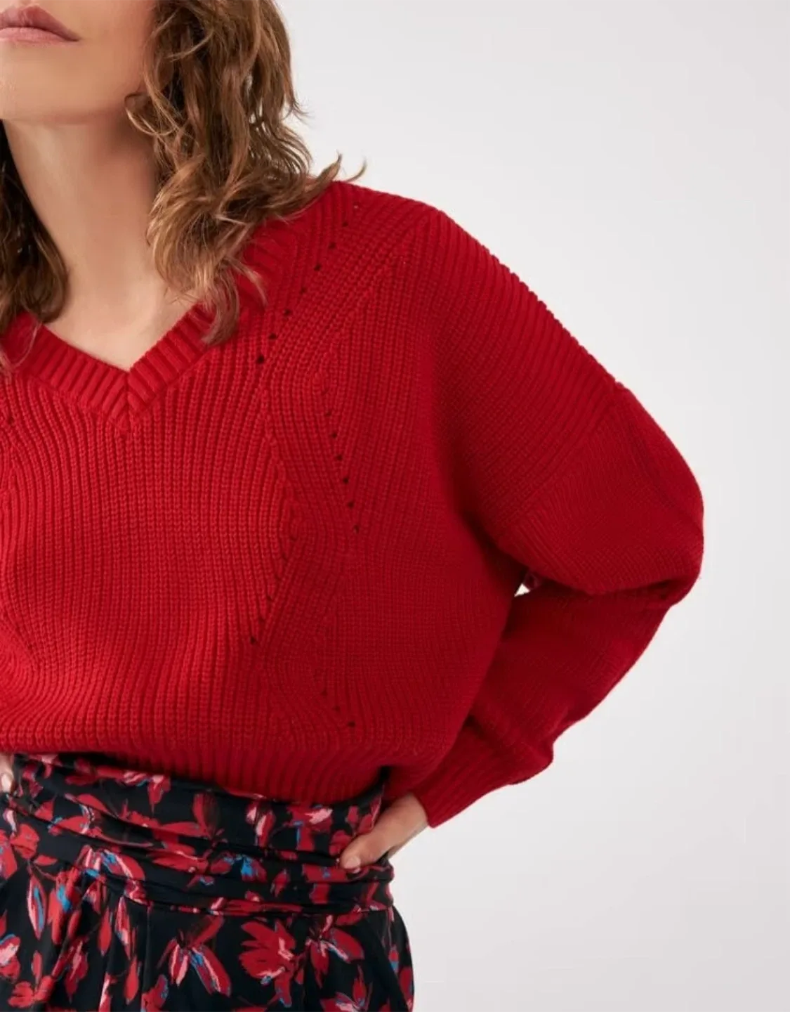 Red V-Neck Knit Sweater image indicator(2)