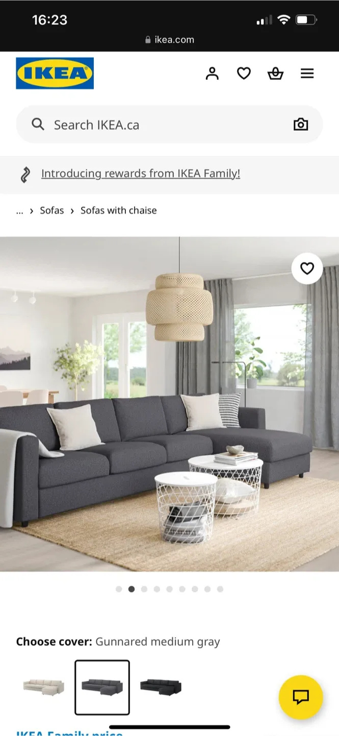 IKEA FINNALA Sofa with Chaise Lounge - Gunnared Gray