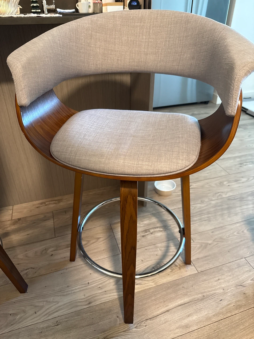 Set of 2 Bar Stools - Grey Fabric & Wood - photo 3