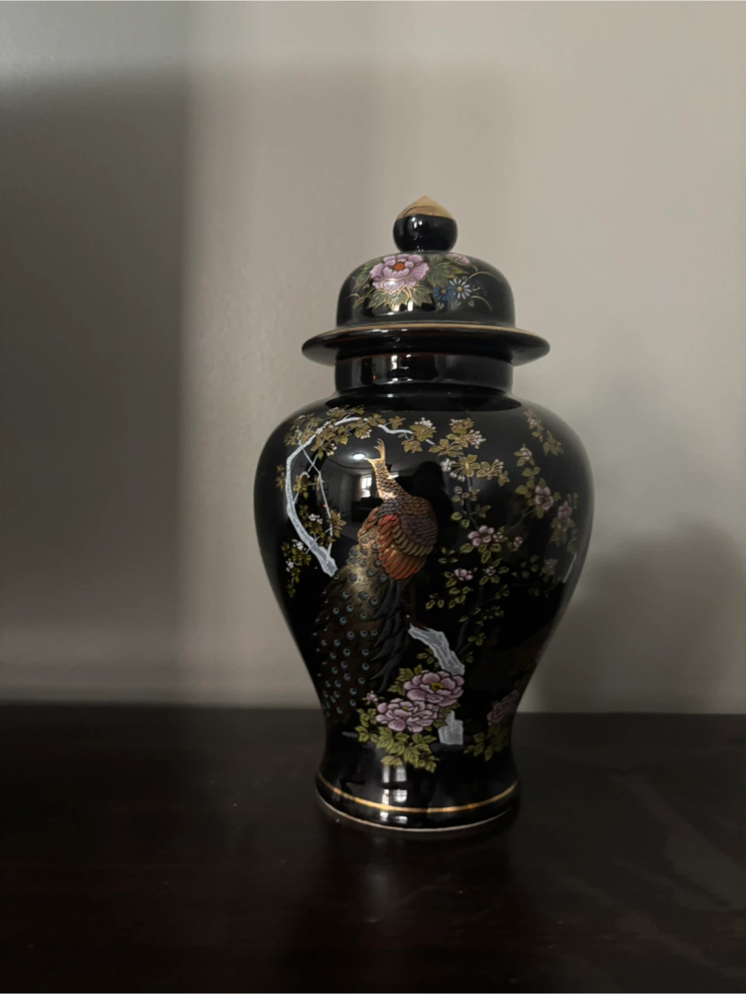 Black Peacock Vase with Lid