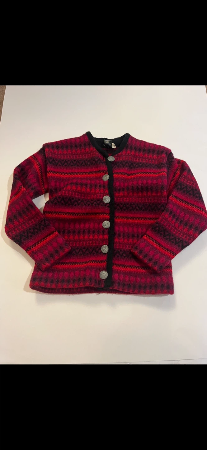 Vintage Wool Cardigan - Red & Black Pattern
