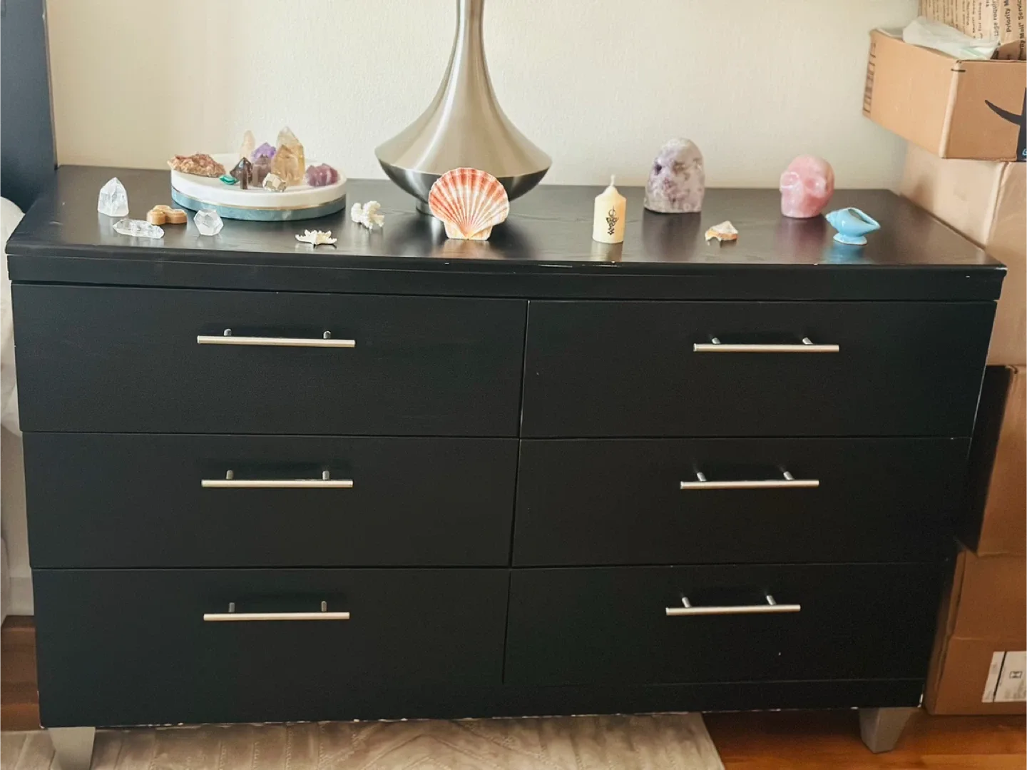 Black Bedroom Set - Dresser, Nightstands + Matching mirror image indicator(3)