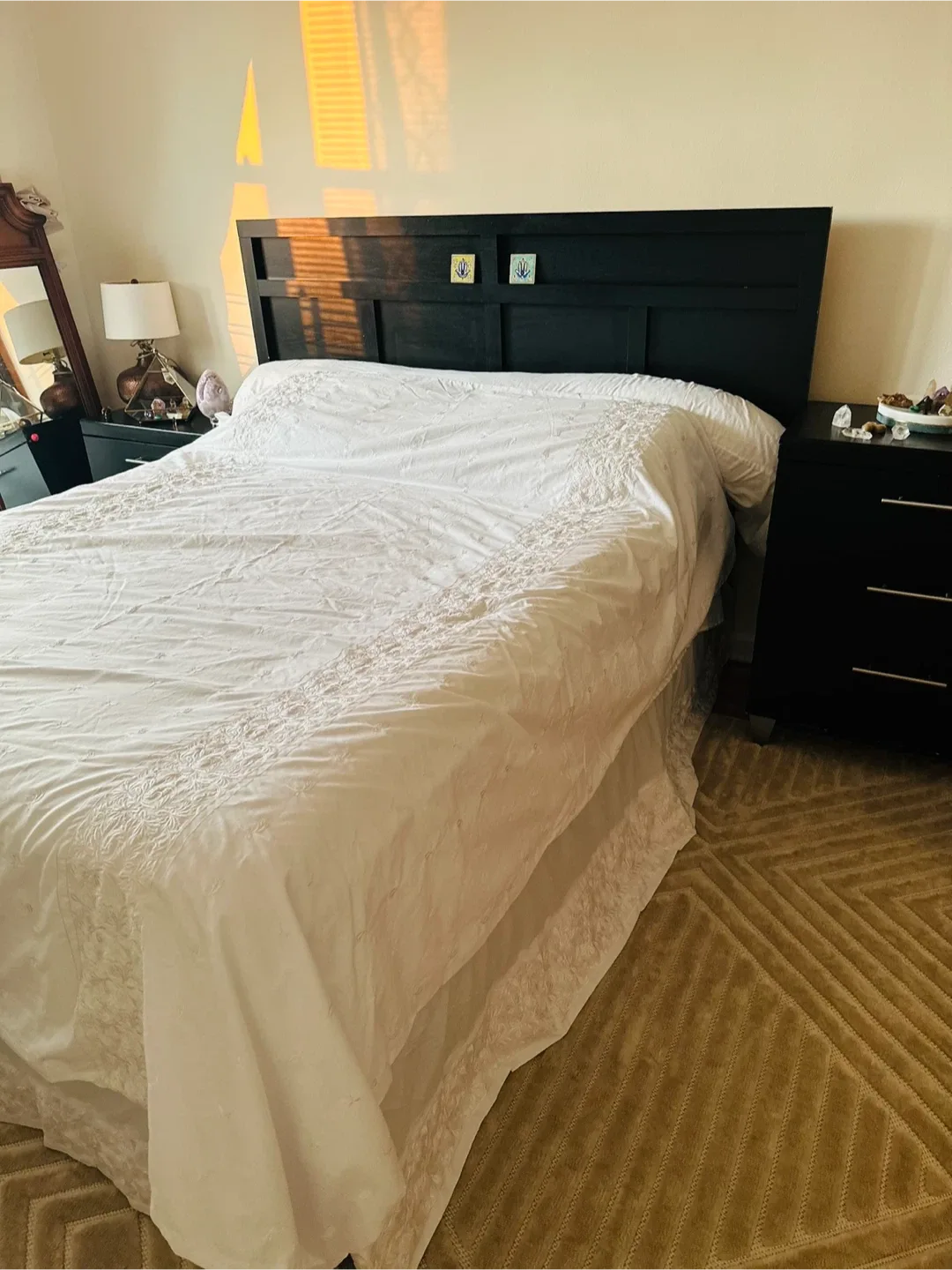 Black Bedroom Set - Dresser, Nightstands + Matching mirror image indicator(2)