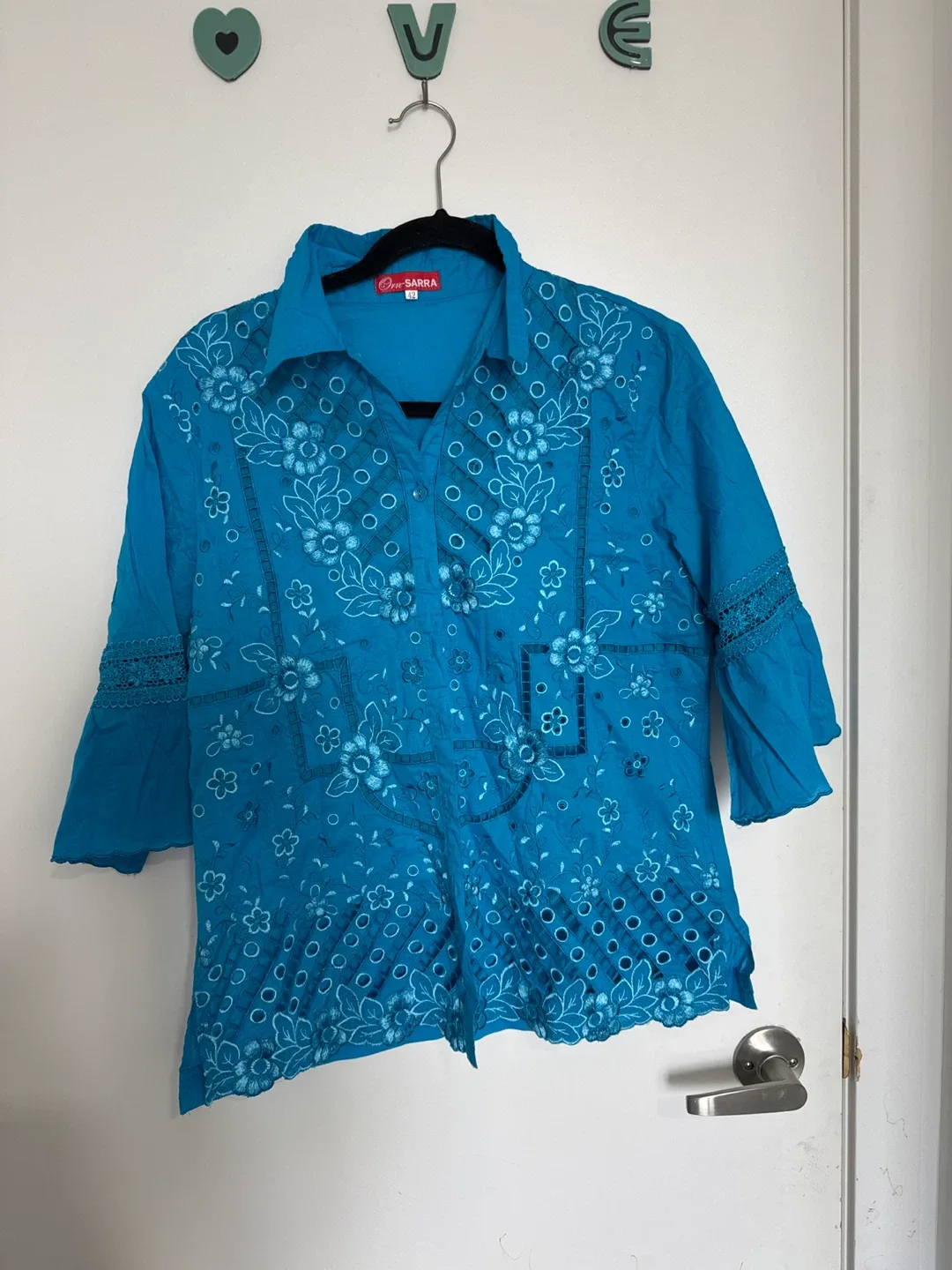 Om Sarra Blue Embroidered Blouse - Size 42