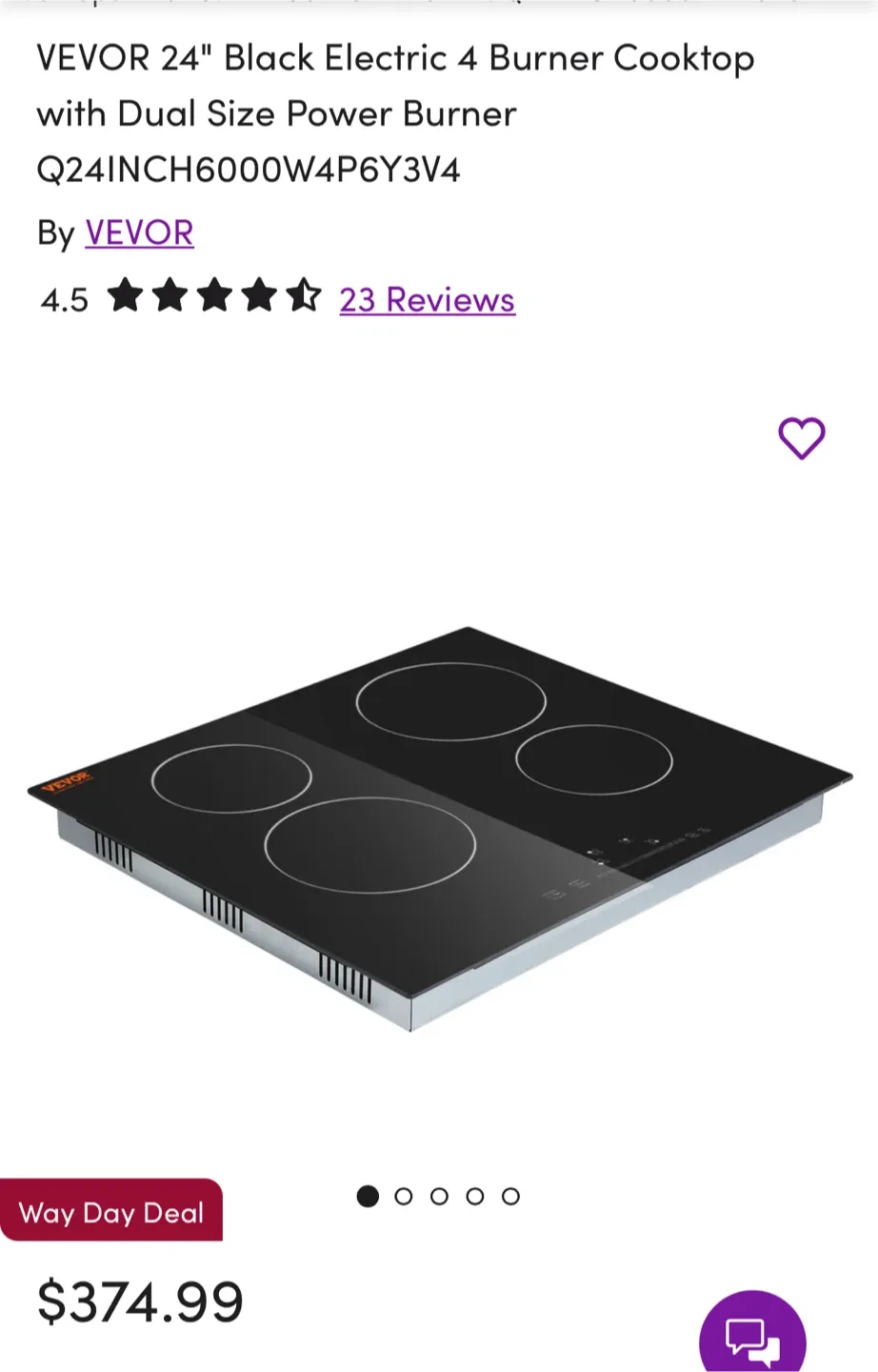 VEVOR 24" Black Electric 4 Burner Cooktop