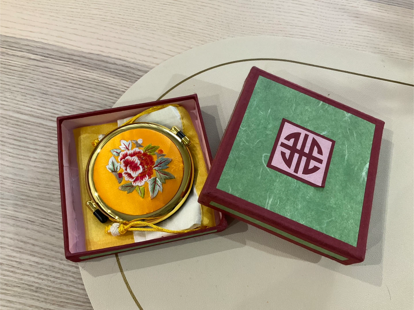 Compact Hand Mirror with Embroidered Design