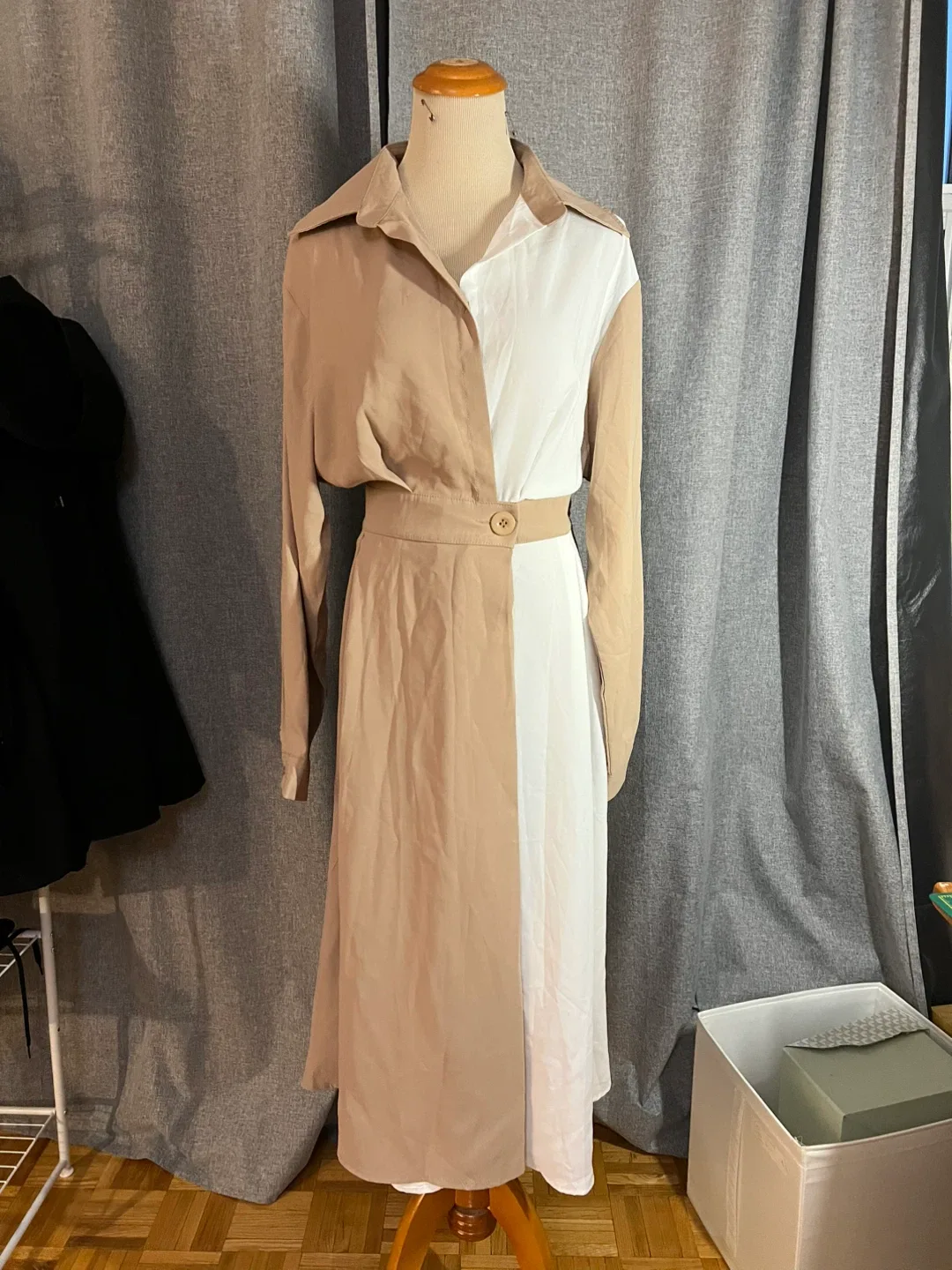 Two-Tone Beige & White Midi Dress