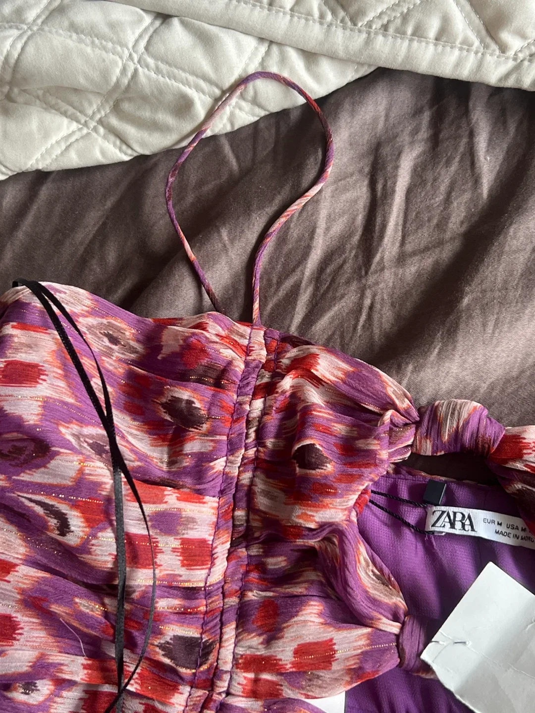 Zara Purple Patterned Ruched Dress - Size M image indicator(4)