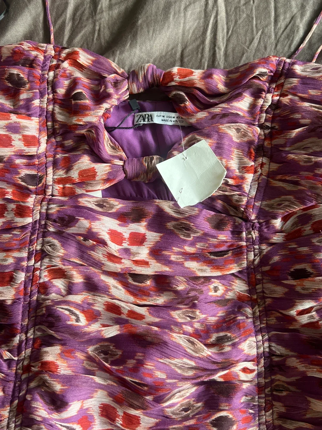 Zara Purple Patterned Ruched Dress - Size M thumbnail