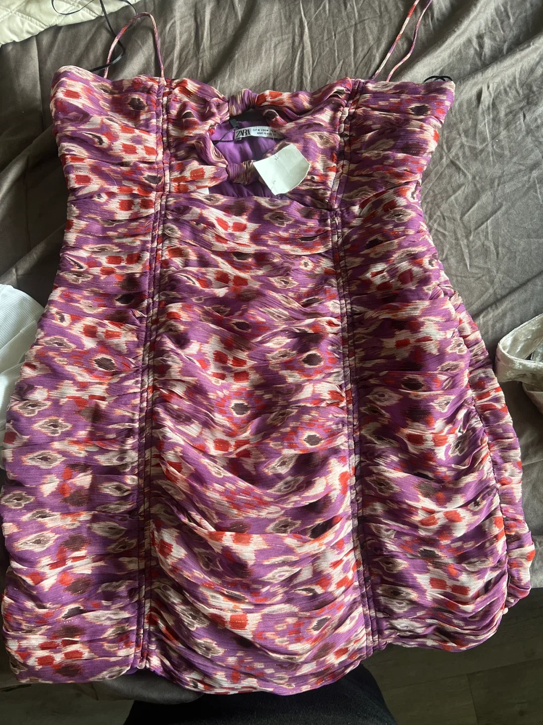 Zara Purple Patterned Ruched Dress - Size M image indicator(2)
