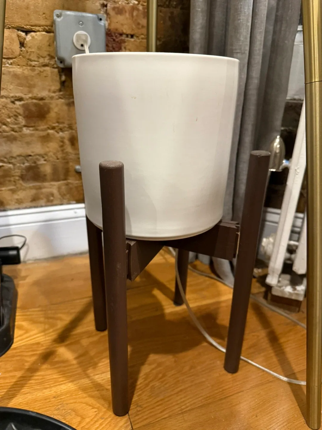 White Ceramic Planter with Wood Stand