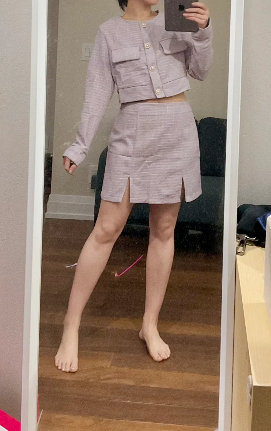 Light Lavender Tweed Cropped Jacket & Skirt Set - Size 6