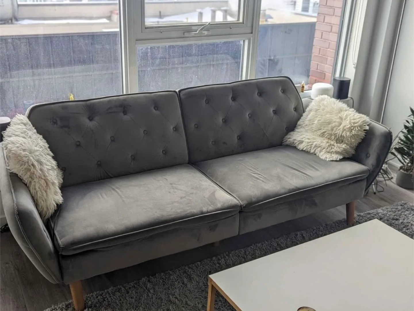 Grey Velvet Sofa Bed / Futon – Great Condition!