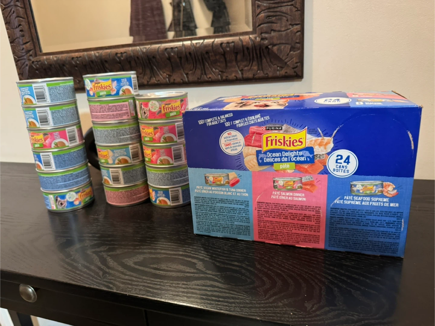 24 case of cat food and 17 cans of cat food